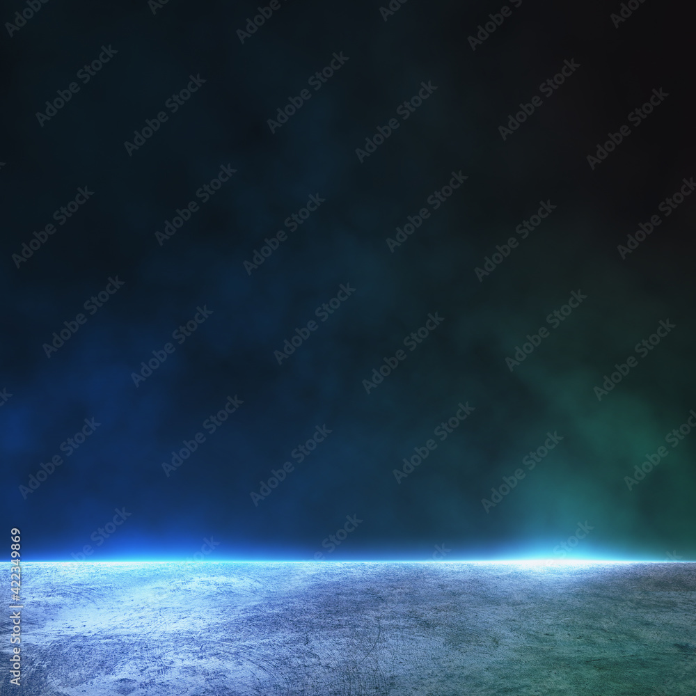 Abstract background with dark wall with copyspace and foggy concrete floor illuminated by blue color. Mock up