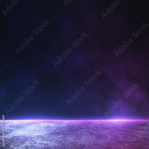Abstract background with dark wall with copyspace and foggy concrete floor illuminated by purple color. Mock up