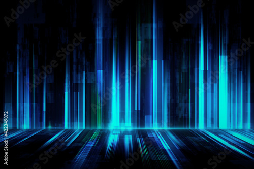 Fototapeta Naklejka Na Ścianę i Meble -  Abstract digital background with dark wall and floor and glowing blue and green lines. Mock up