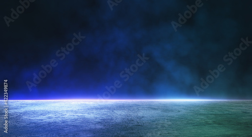 Abstract background with blank dark wall and smoky concrete floor illuminated by blue color. Mockup photo