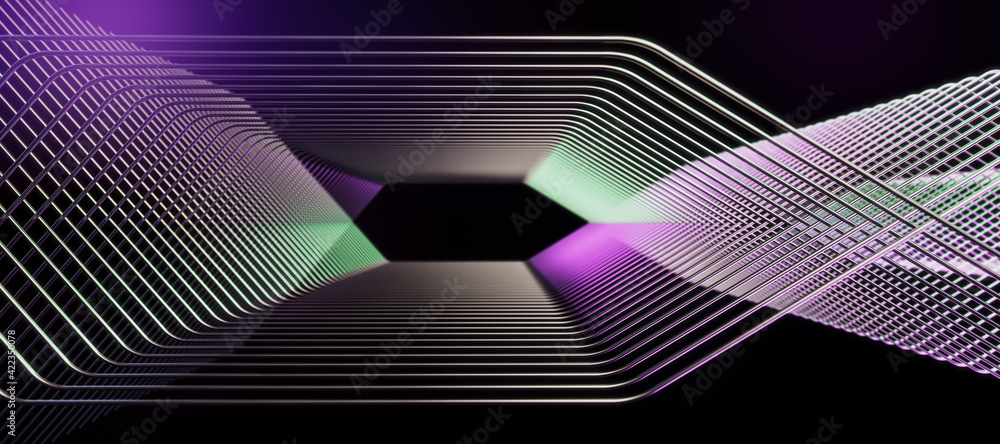 Abstract technology background with geometric lines in green and purple colors