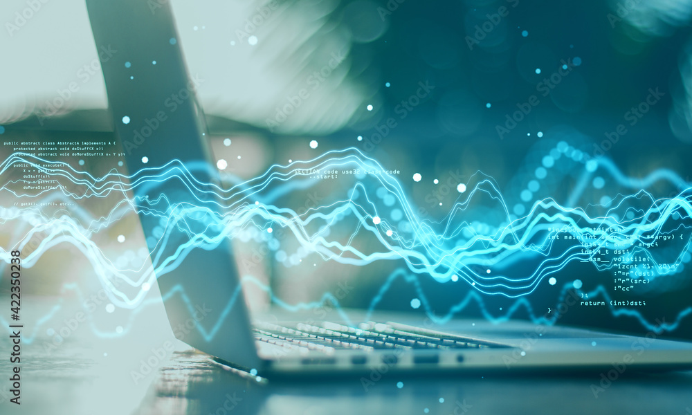 Machine learning concept with blue glowing data waves and abstract ...