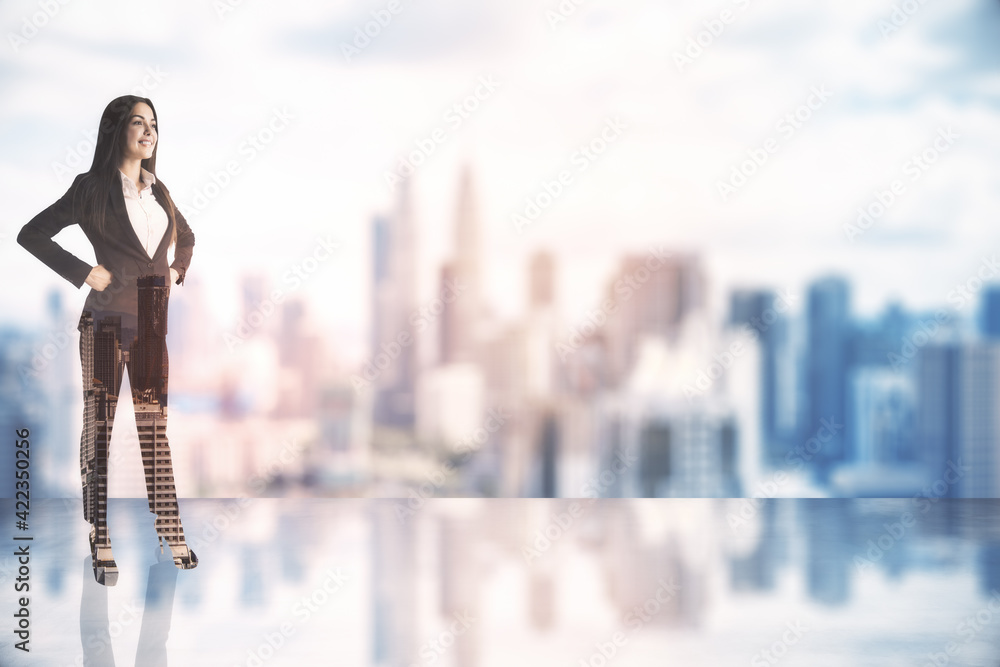 Success concept with businesswoman on glossy podium on megapolis city background with copyspace. Double exposure