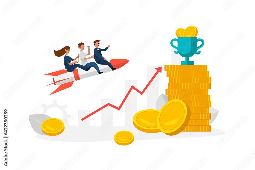 Business team go high to success on a rocket. Leaders moving company to the top, profitable strategy developing in right direction. Business team go high to success on a rocket. Leaders moving company to the top, profitable strategy developing in right direction.