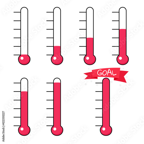 Fundraiser goal thermometer icon set. Clipart image isolated on white background