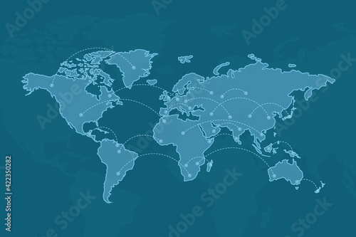 Worldwide concept with countries map illustration connected by dotted lines on blue background