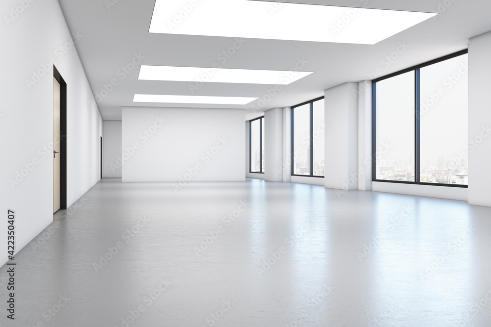 Blank white office space, white blank wall in background, panoramic