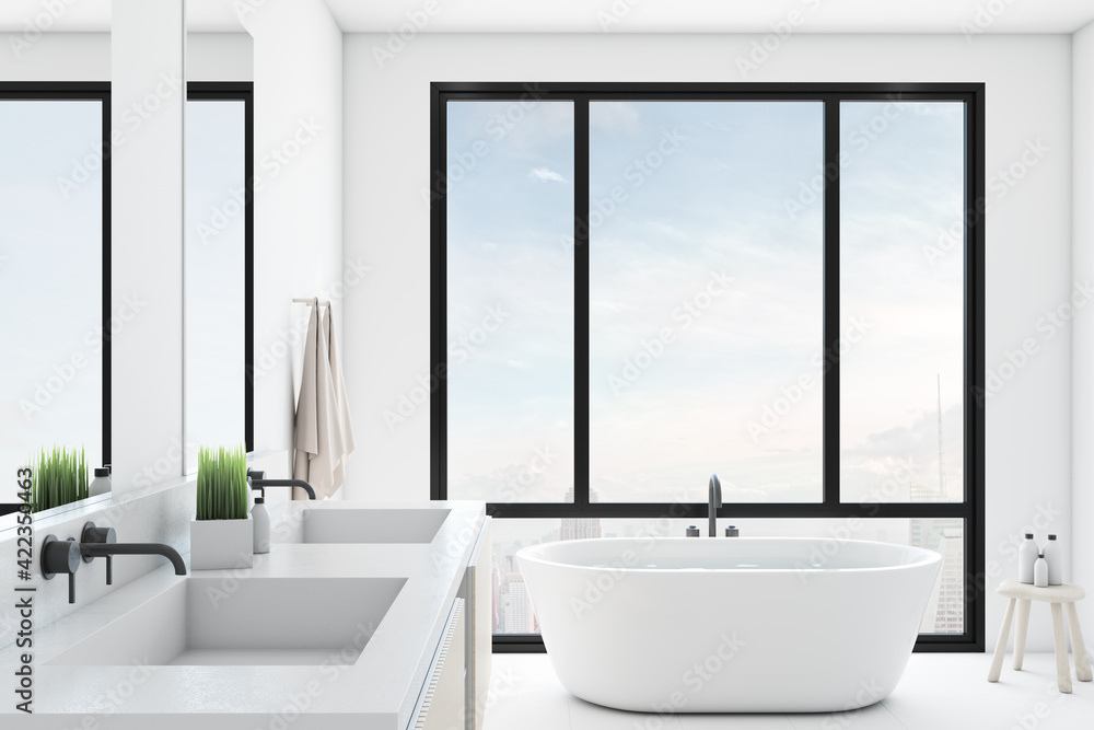 Fototapeta premium Modern comfortable bathroom with a panoramic window, city view, mirror and a sink.