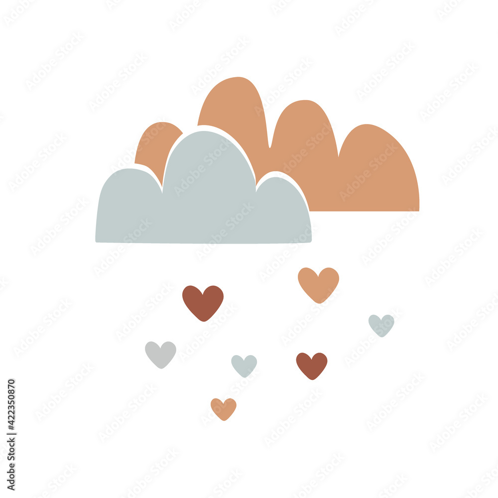 Nursery art with cute clouds and hearts rain. Nursery or Valentines concept, vector illustration