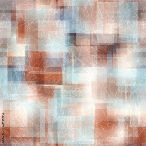 Seamless overlaid geometric shape pattern print. High quality illustration. Transparent rectangles filled with gradient colors scattered. Handmade paper texture overlay.