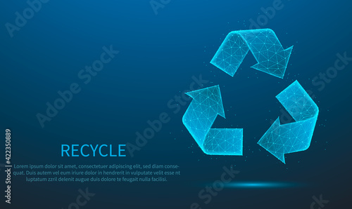 Abstract mash line and point scales on Blue dark background with Recycle icon symbol vector. glowing blue 3D mesh polygonal network line, design sphere, dot, and structure. Vector illustration eps 10.