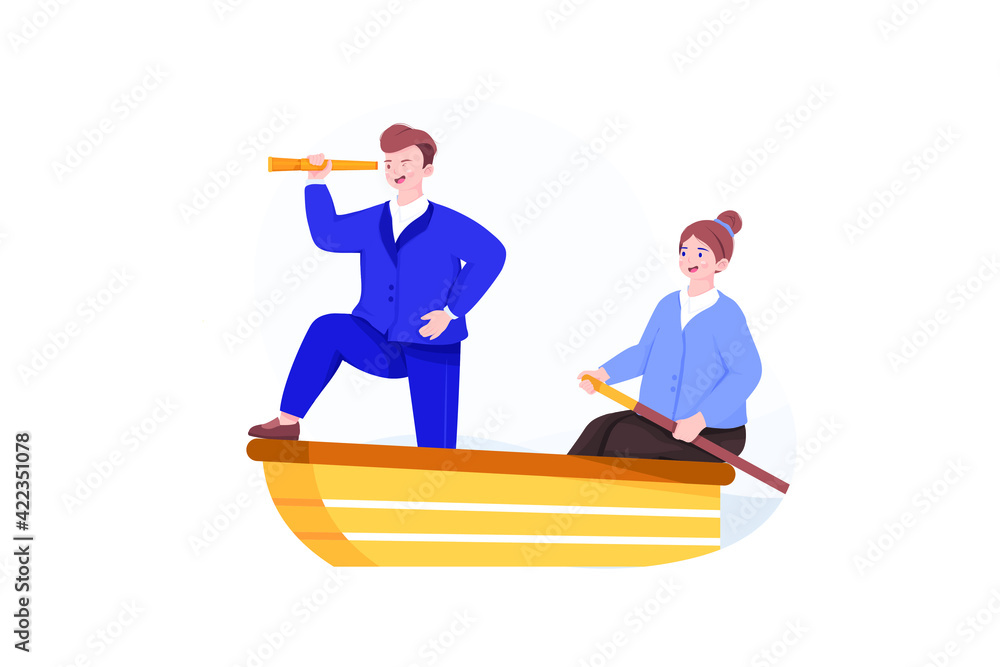 Business man and woman sailing on boat together. Woman is rower and businessman looking to a telescope.