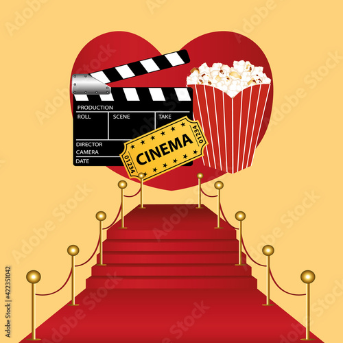 Love Cinema concept. Red carpet,clapper board, cinema ticket and pop corn. Vector illustration II. photo