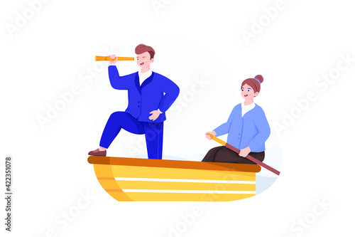 Business man and woman sailing on boat together. Woman is rower and businessman looking to a telescope.
