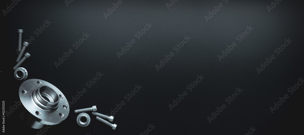 Car engine. Set of new metal car part. Auto motor mechanic spare or automotive piece isolated on black banner background. Automobile engine service with space for text.