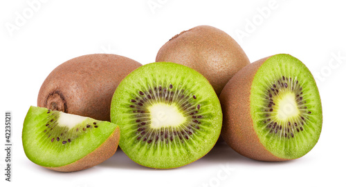 Whole kiwi fruit and sliced isolated on white background