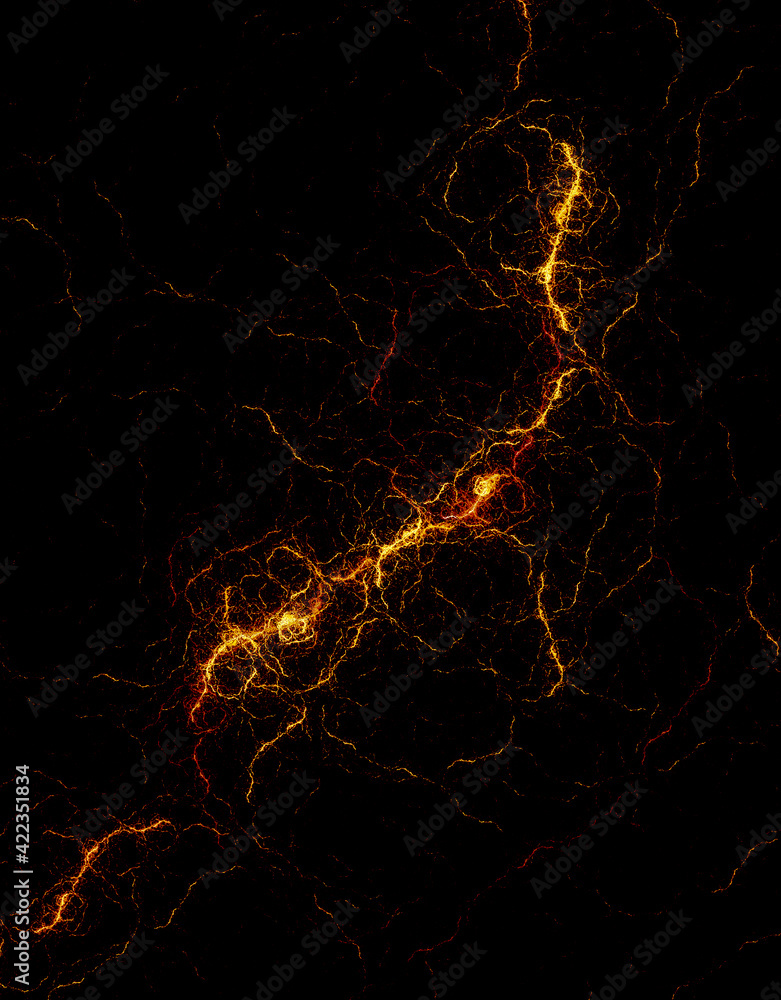 Hot golden cracks texture with red hot sparks, galactic energy discharge, top view of shining locality from space. Digital illustration of micro or macro. Great as design template, cover or backdrop.