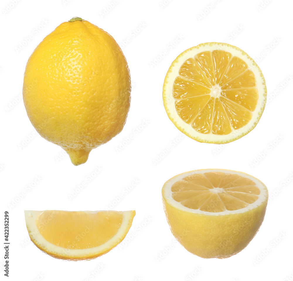 Set with fresh ripe lemons on white background