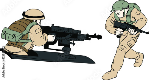 Hand drawn , Army Soldier with assault rifle isolated on white.save the child.illustration of war.