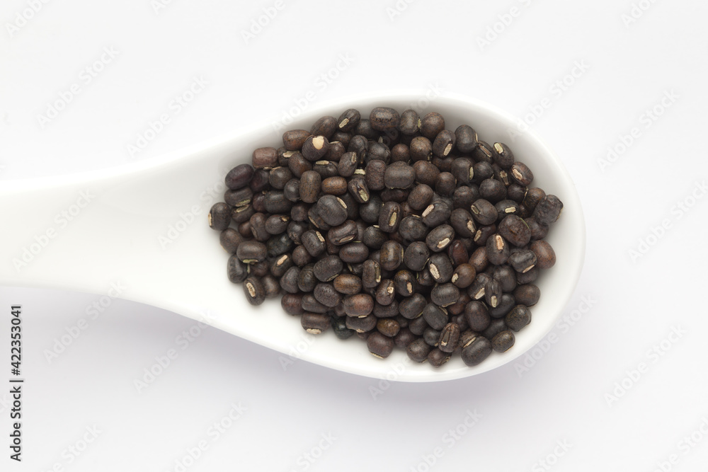 Macro Close-up of Organic Black Gram (Vigna mungo) or whole black urad on a white ceramic soup spoon. Top view Macro Close-up of Organic Black Gram (Vigna mungo) or whole black urad on a white ceramic soup spoon. Top view