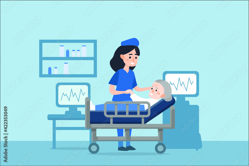 A nurse taking care of a sick elderly woman lying in a medical bed. A nurse taking care of a sick elderly woman lying in a medical bed.