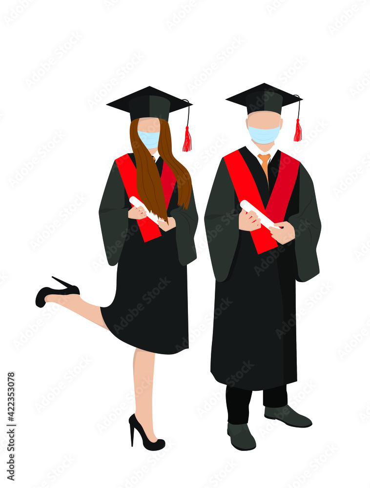 Graduates in protective medical masks with diplomas in their hands celebrate 2021 graduation during coronavirus quarantine isolated on the white background Graduates in protective medical masks with diplomas in their hands celebrate 2021 graduation during coronavirus quarantine isolated on the white background
