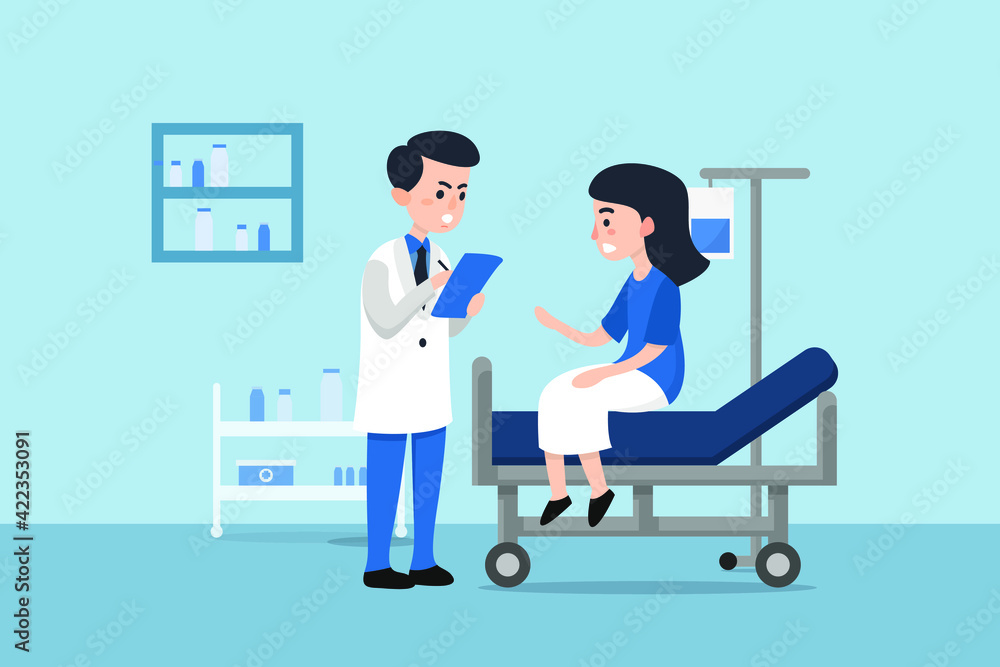 Male general health physician receive and treat woman in hospital room or clinic office. Male general health physician receive and treat woman in hospital room or clinic office.