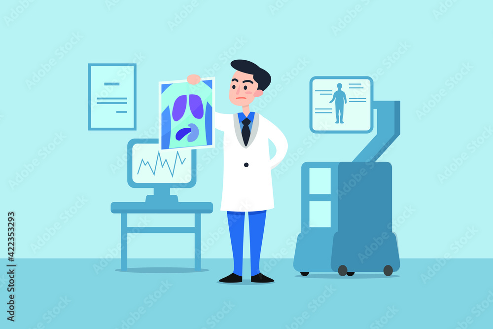 Man in hospital uniform examining body organs by scanning at computer. Man in hospital uniform examining body organs by scanning at computer.
