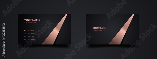 Modern business card with golden line template design. With inspiration from the abstract. Contact card for companies or startup company. Two sides dark black and gold effect. Vector illustration.
