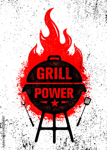 Grill Power Barbeque. Outdoor Charcoal Restaurant and BBQ Menu Vector Design Element On Rough Background. Fire Flame Illustration on Grunge Wall