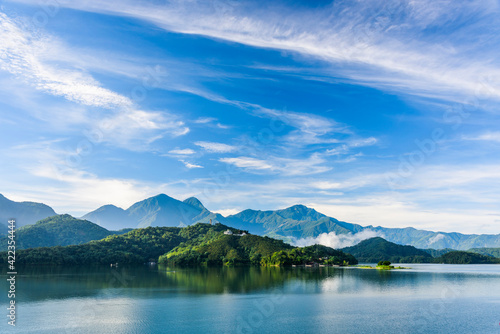 The scenery of Sun Moon Lake in the morning, a famous attraction in Taiwan, Asia.