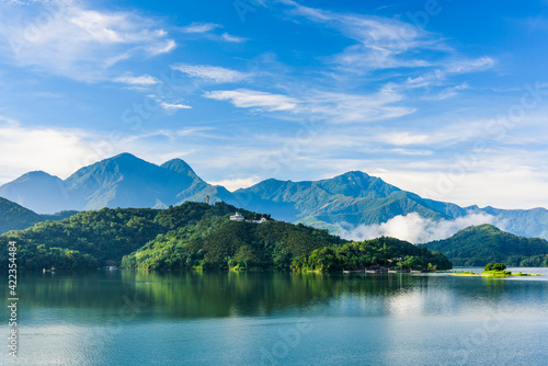 The scenery of Sun Moon Lake in the morning, a famous attraction in Taiwan, Asia. © BINGJHEN