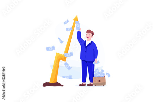A man in a suit reaps greenbacks from a money tree
