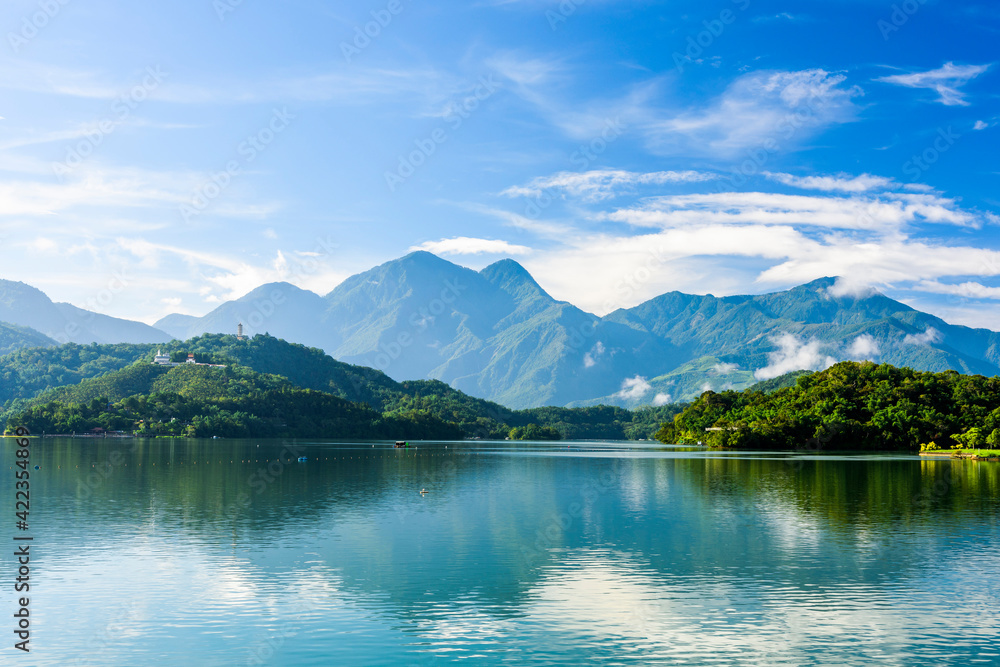 Naklejka premium The scenery of Sun Moon Lake in the morning, a famous attraction in Taiwan, Asia.