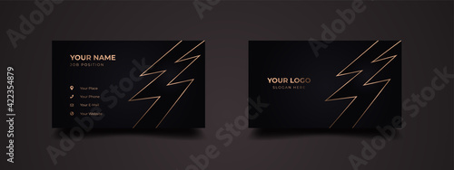 Luxury business card with abstract golden lines with flash illustration. Elegant background with dark black color. Vector illustration ready to print template.