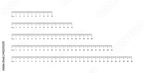 Measuring scale set, marking for ruler, marks for tape measure. Set of scale 10, 15, 20, 25, 30 cm. Measuring tool. Ruler scale measure. Vector illustration. EPS 10
