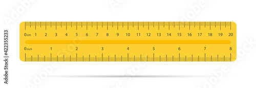 Ruler inches and cm scale on white background with shadow. Plastic yellow insulated ruler with double side measuring inches and centimeters. Ruler 20 cm scale in flat style. Vector illustration photo