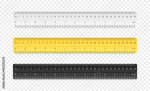 Set of three rulers on transparent background. Plastic yellow, black, gray insulated rulers with double side measuring inches and centimeters. Rulers 30 cm scale in realistic style. Vector