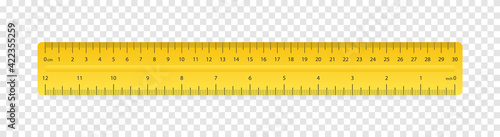 Ruler inches and cm scale on transparent background with shadow. Plastic yellow insulated ruler with double side measuring inches and centimeters. Ruler 30 cm scale. School geometric supplies. Vector