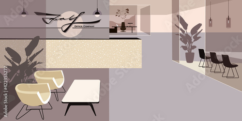 Abstract modern office interior in pastel shades with glass conference room. Contemporary architectural vector illustration for landing page mockup design, advertising banner or brochure.