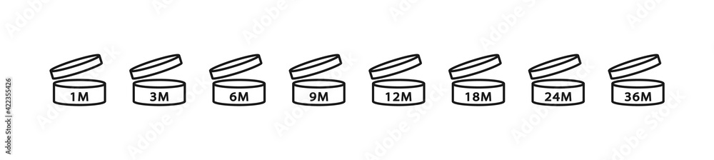PAO Linear Icons Set. Period after opening. The shelf life of the cosmetics after opening the package in months. 1m, 3m, 6m, 12m, 18m, 24m, 36m month best before product mark. Vector illustration PAO Linear Icons Set. Period after opening. The shelf life of the cosmetics after opening the package in months. 1m, 3m, 6m, 12m, 18m, 24m, 36m month best before product mark. Vector illustration