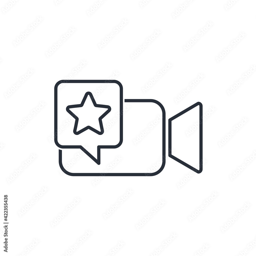 Movie camera and speech bubble with a star. Recommendations for watching the video. Vector linear icon isolated on white background. Movie camera and speech bubble with a star. Recommendations for watching the video. Vector linear icon isolated on white background.