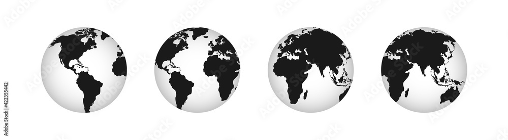 Set of icon globes of Earth. Earth globe icon set. Abstract globe icon. World map in globe shape isolated on white background. Vector illustration. EPS - 10