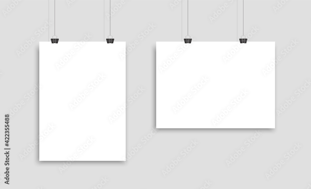 Set of two white realistic blank paper pages with shadow. Two empty paper sheets or blank pictures canvas hanging on wall. Design poster, template or mockup on gray background. Vector EPS 10 Set of two white realistic blank paper pages with shadow. Two empty paper sheets or blank pictures canvas hanging on wall. Design poster, template or mockup on gray background. Vector EPS 10