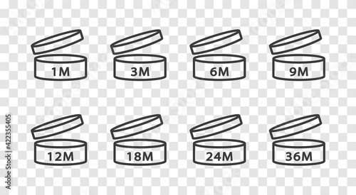 PAO Linear Icons Set. Period after opening. The shelf life of the cosmetics after opening the package in months. 1m, 3m, 6m, 12m, 18m, 24m, 36m month best before product mark. Vector illustration