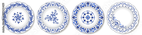 Porcelain plates, blue and white oriental ornament. Abstract floral pattern with traditional decorative elements. Chinoiserie design for ceramics. Isolated objects. Vector illustration