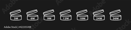 PAO Linear Icons Set. Period after opening. The shelf life of the cosmetics after opening the package in months. 3m, 6m, 12m, 18m, 24m, 36m month best before product mark. Vector illustration