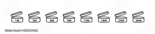 PAO Linear Icons Set. Period after opening. The shelf life of the cosmetics after opening the package in months. 1m, 3m, 6m, 12m, 18m, 24m, 36m month best before product mark. Vector illustration