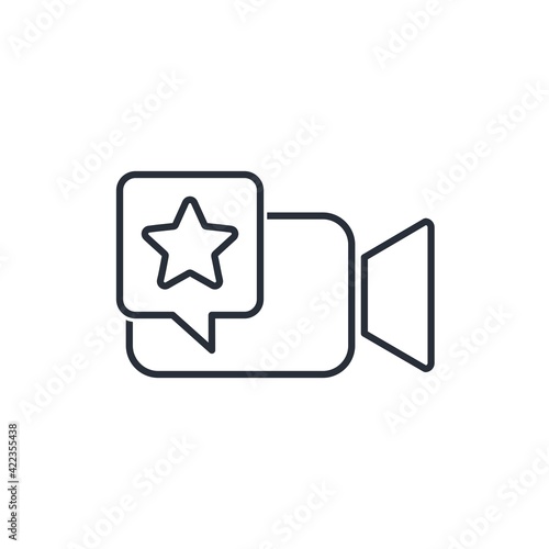 Movie camera and speech bubble with a star. Recommendations for watching the video. Vector linear icon isolated on white background.