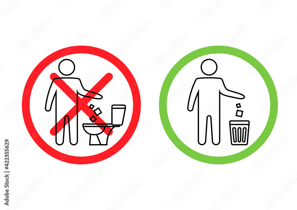 Vetor de Do not litter in the toilet. Toilet no trash. Keeping the clean.  Please do not flush paper towels, sanitary products, icons. Forbidden icon.  Throwing garbage in a bin. Vector do